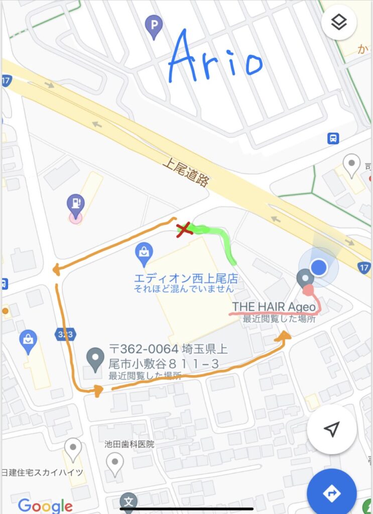 THE HAIR 上尾店 map 迂回のお知らせ